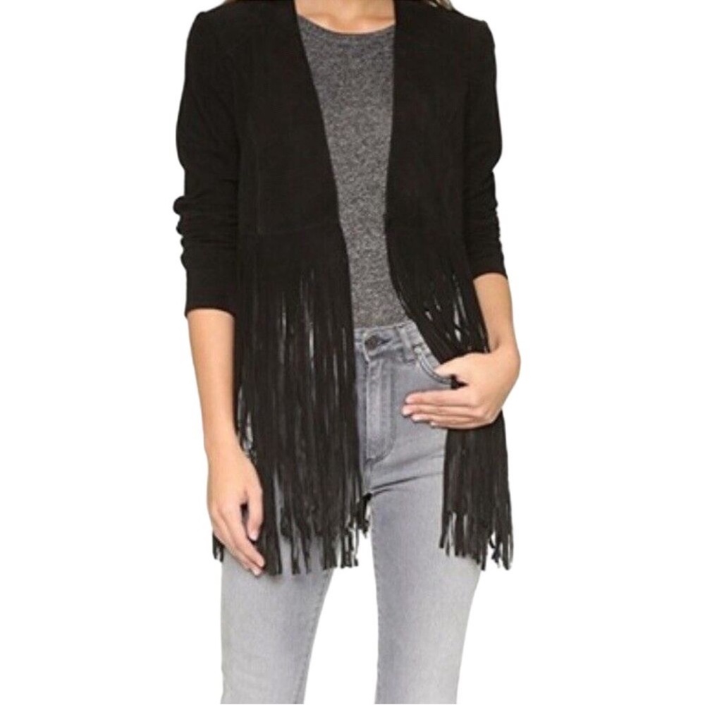 Lamarque Suede Leather Black Open Front Fringe Jacket Size 4